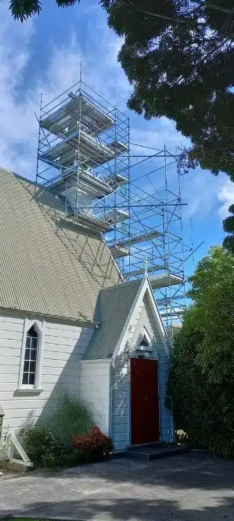 Scaffolding around a church building for repair access