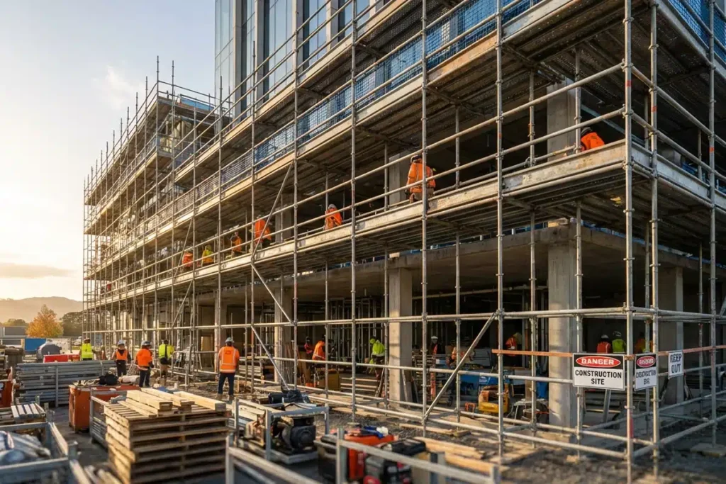 A wide-angle view of a multi-story building under construction, completely surrounded by a complex steel scaffolding system and safety netting, with workers in high-visibility gear on different levels.
