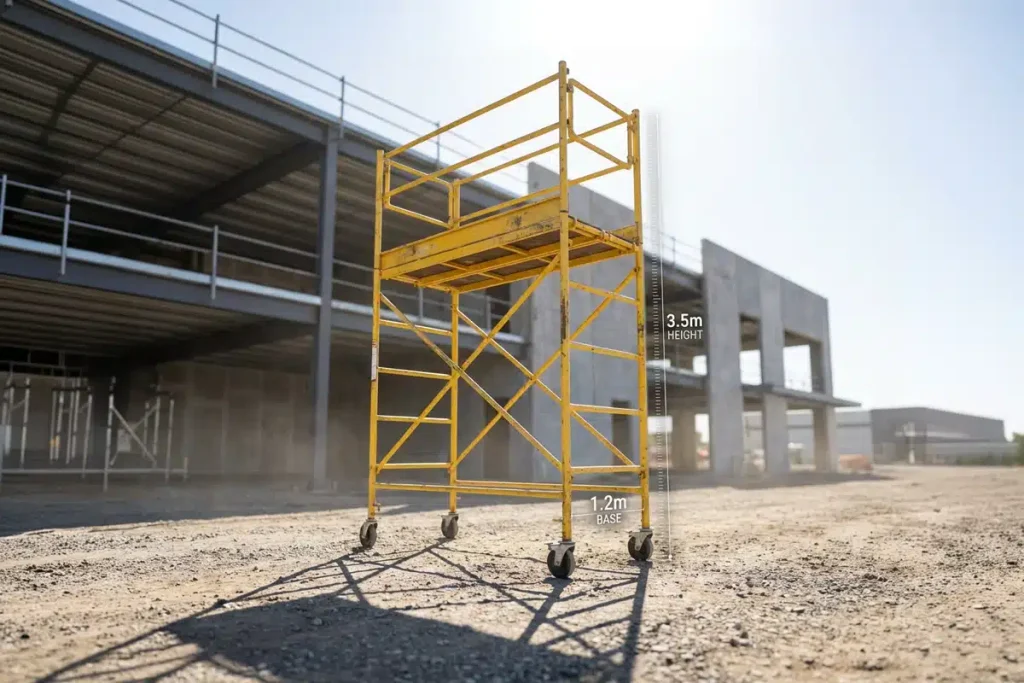 A standalone yellow mobile scaffolding tower on braked castor wheels, featuring a 3.5m height indicator and a 1.2m base measurement, set against a blurred background of a modern industrial building.