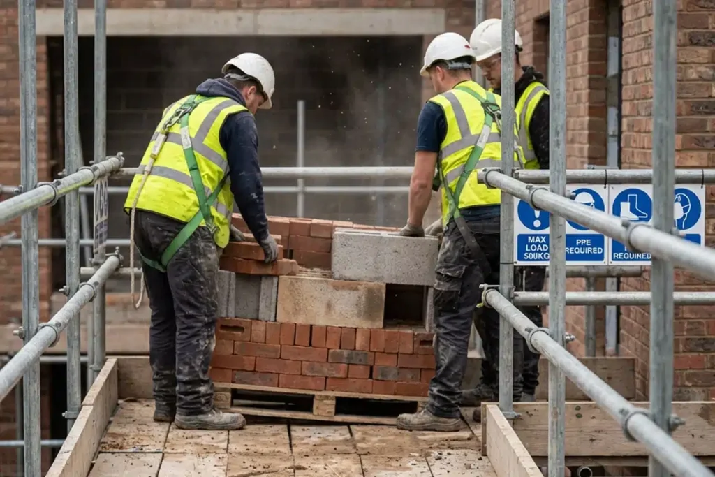 Three construction workers in hard hats and safety harnesses with lanyards attached to anchor points, working together to stack bricks on a scaffolding platform at a residential building site.
