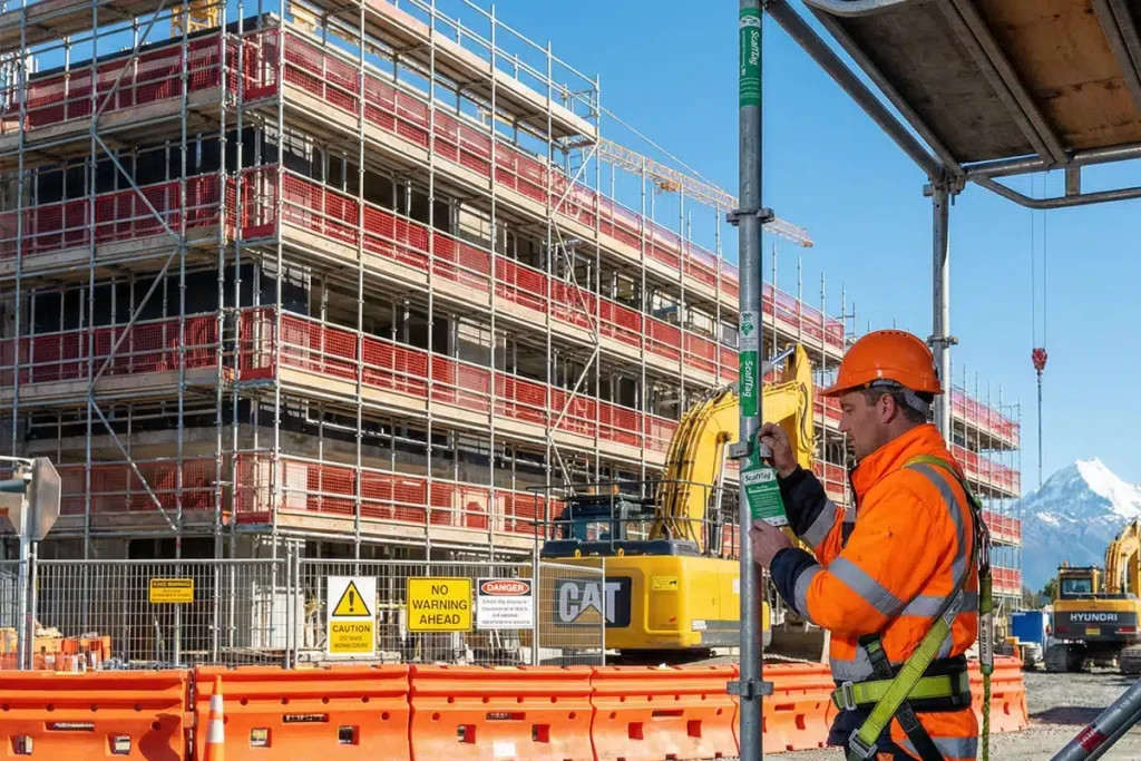 A site worker checks a ScaffTag on a scaffold standard beside a multi-storey scaffold with red mesh, barriers, and plant equipment on a New Zealand build site.