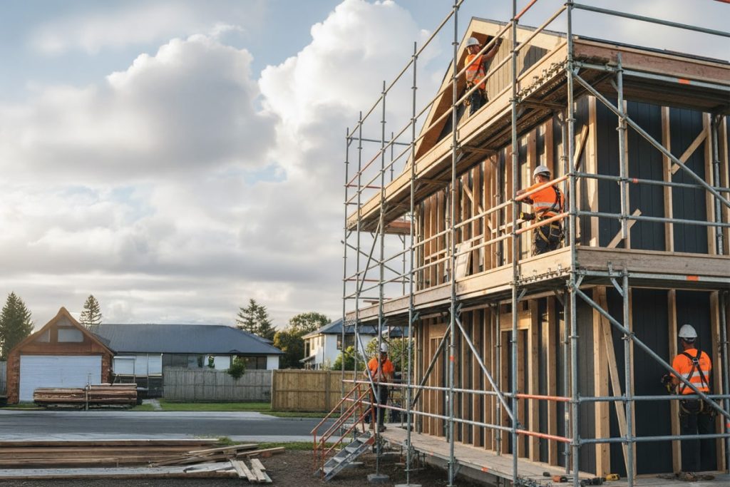 Construction workers in safety vests and harnesses on scaffolding assembling the wood frame of a new two-story residential house against a cloudy sky.