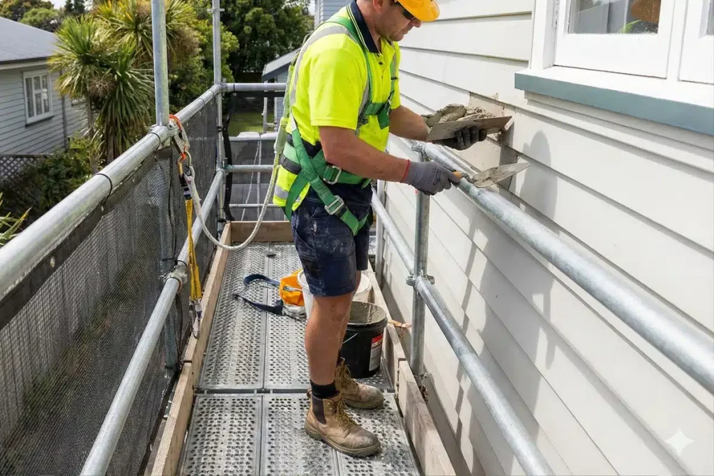 A construction worker in safety harness and gloves standing on scaffolding, applying cement or filler to the exterior wooden siding of a house.