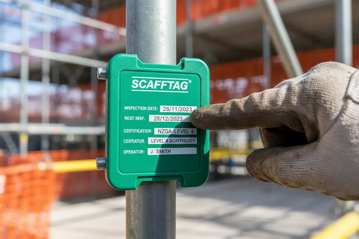 Close-up of a green ScaffTag on a scaffold pole, with a gloved hand pointing to the inspection and next inspection dates for weekly scaffold checks.