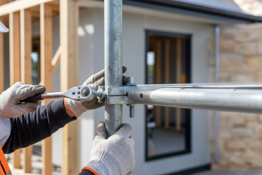 Close-up of a worker wearing gloves using a ratcheting wrench to tighten a bolt on a clamp connecting two galvanized metal poles of construction scaffolding.

