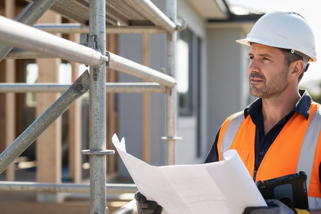 A male construction manager wearing a hard hat and high-visibility vest standing by scaffolding, reviewing blueprints and holding a tablet outdoors.